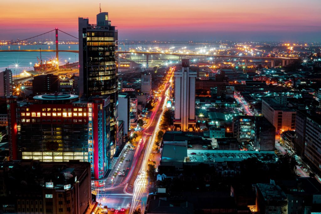 Featured in "Tour Film Locations of Blood Diamond" by Jaya Travel & Tours shows an aerial view over the city of Maputo in Mozambique, Africa.