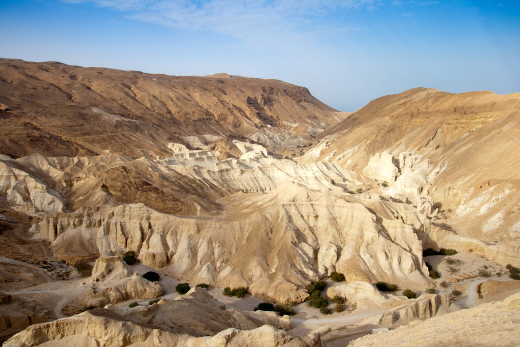 The landscape of the Negev Desert in Israel is beige and sandy, with hills formed randomly.