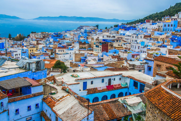A view of the beautiful blue buildings in a Jaya Travel & Tours visit to the blue city of Chefchaouen in the Rif mountains of Morocco.