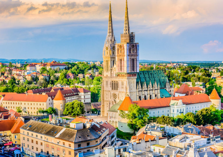On a customized tour of Jaya Travel & Tours is a aerial view of a cathedral in Zagreb, the capital city in Croatia.