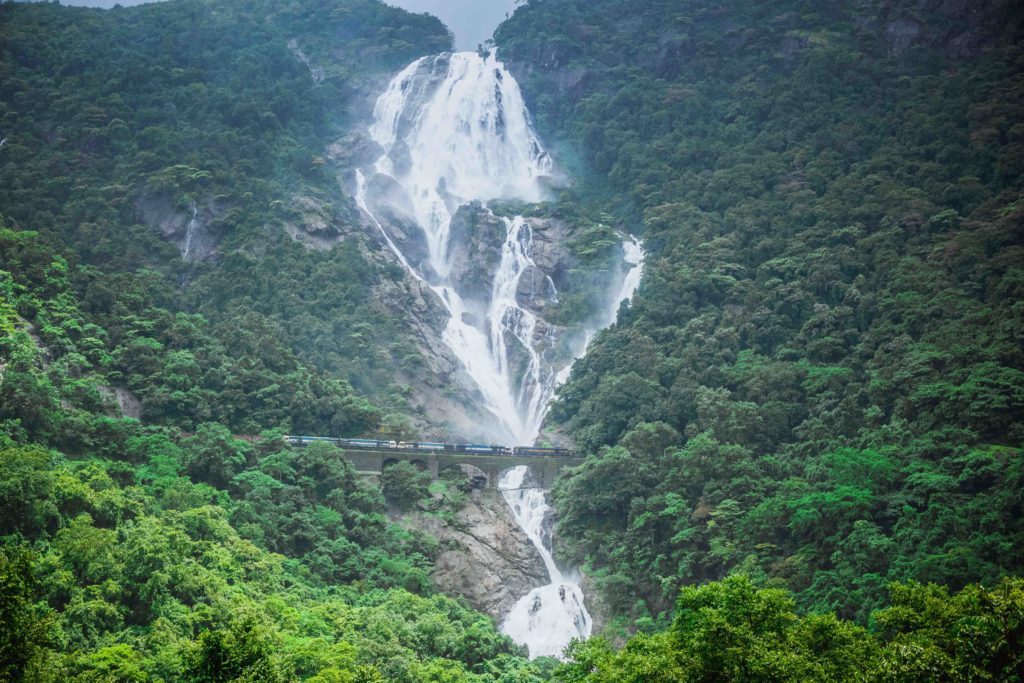 The tallest waterfall in India,, Dudhsagar Falls, is flowing down a thick forest while a train on a railway track passes in-front of it. This image is featured in Jaya Travel & Tours blog article called "Which Waterfall Should You Visit?"