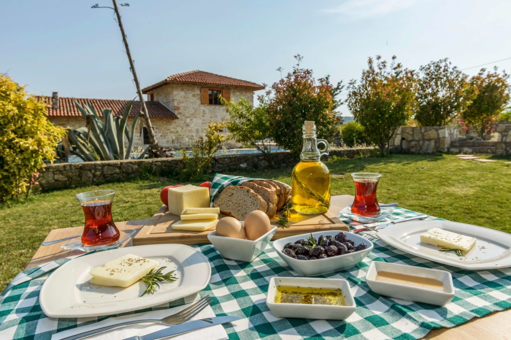 A picnic on a bright sunny day laid out with traditional food from the Aegean like cheese, bread, eggs, oil, and herbs. This image is featured in the blog from Sky Bird Travel & Tours, "A Guide To Turkish Cuisine," which describes the types of food, drink, desserts, and dishes from Turkey.