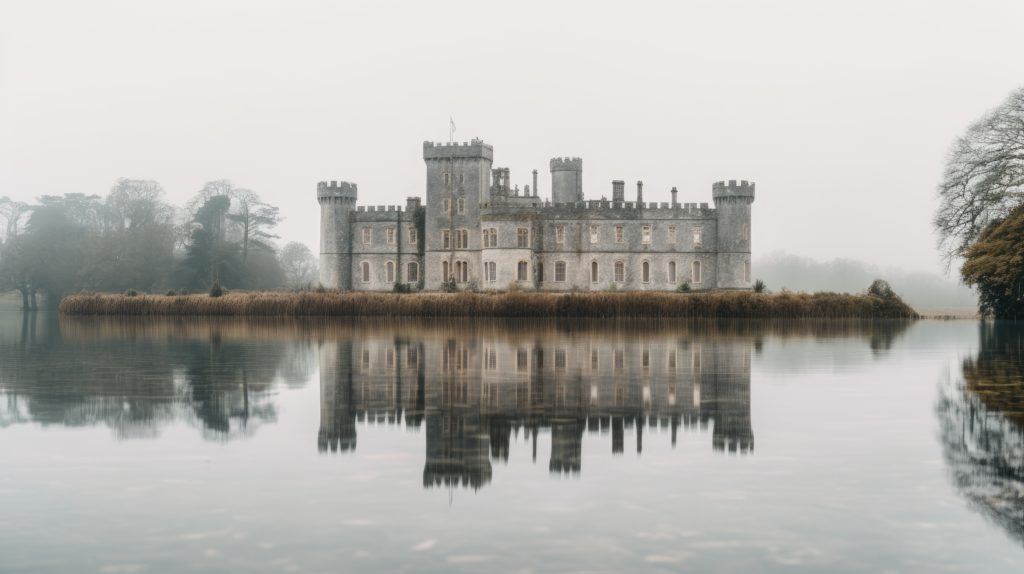 This image featured in "Celebrate Halloween Around the World" from Jaya Travel & Tours is of the Birr Castle in Northern Ireland surrounded by a lake and heavy fog.